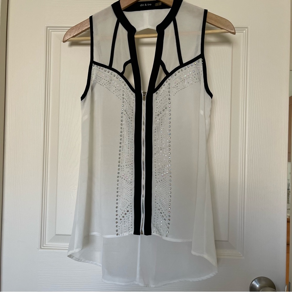 Beautiful Sleeveless White & Black Embellished Zip Up Sheer Blouse
